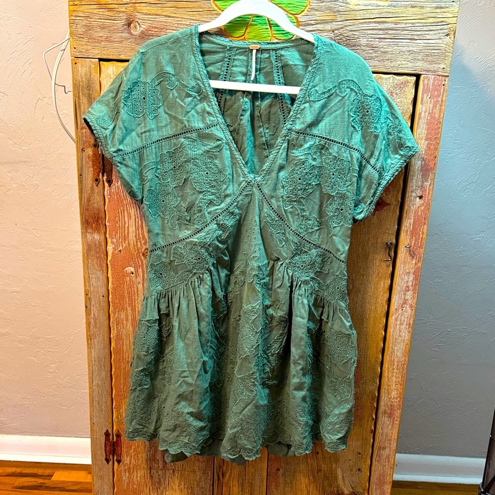 Free People Teal Embroidered Mini Dress with removable slip size XS